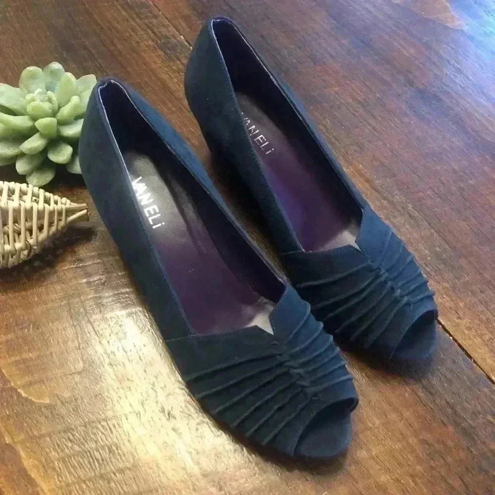 VANELi | Blue Suede Peep Toe Wedge Dress Shoes